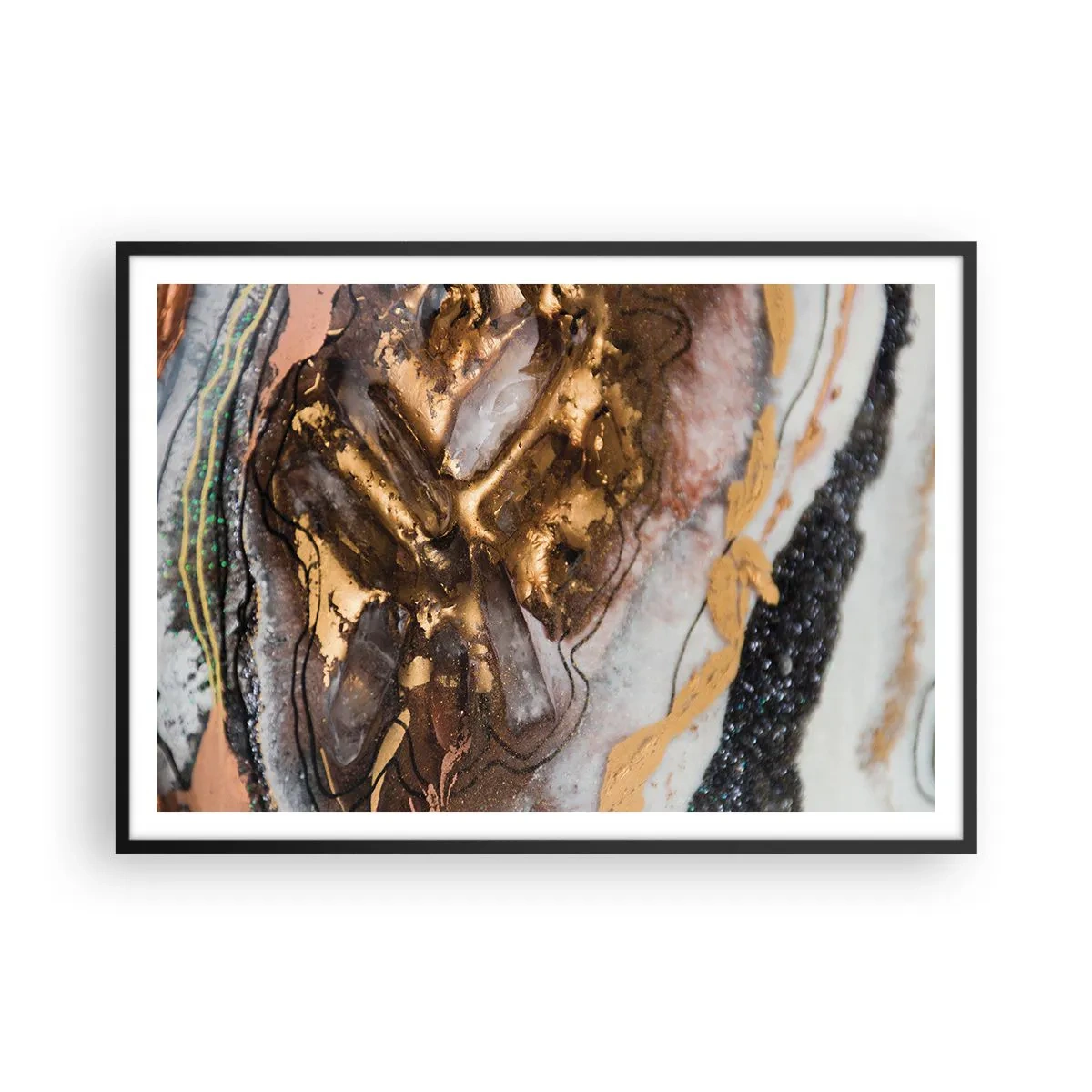 Poster in einem schwarzem Rahmen - Abstrakte Komposition mit Elementen aus Gold und Kristallen - 100x70cm - Das Element der Erde - Moderne Wanddekoration für Wohnzimmer und Schlafzimmer ARTTOR