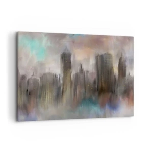 Bild auf Leinwand - Leinwandbild - Eine künstlerische Vision einer Stadtlandschaft mit Wolkenkratzern in Pastellfarben. - 100x70cm - Eine Komposition aus Stahl, Stein und Nebel - Moderne Wanddekoration für Wohnzimmer und Schlafzimmer ARTTOR