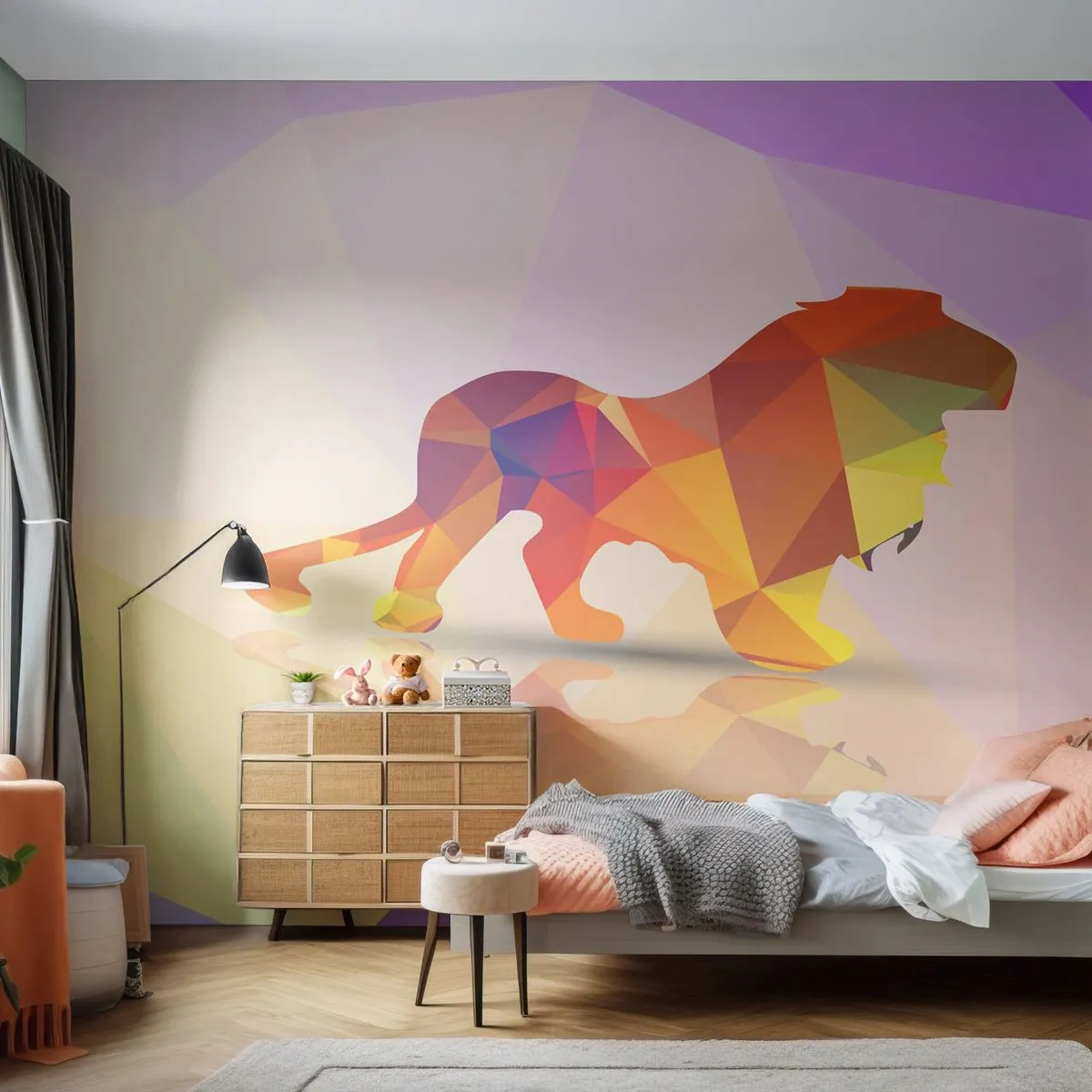 Fototapete Premium Sand - Geometrische Silhouette eines Löwen in einer mehrfarbigen Komposition - 100x70cm - Der Diamantenkönig - Moderne Wanddekoration für Wohnzimmer und Schlafzimmer ARTTOR
