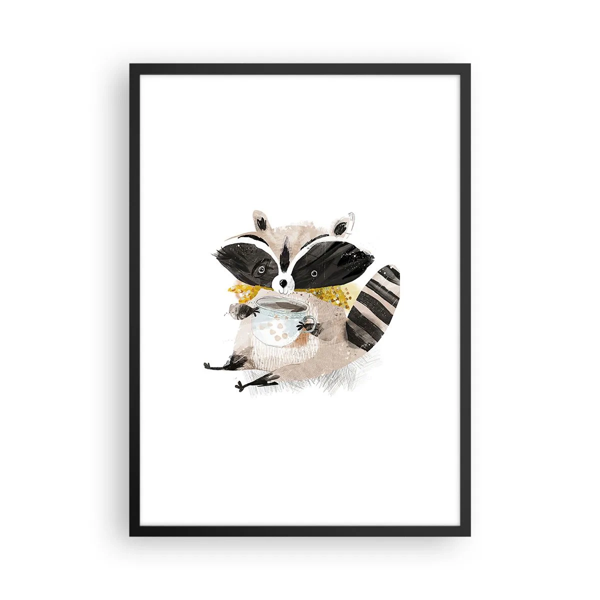 Poster in einem schwarzem Rahmen - Eine Zeichnung eines Waschbären, der einen Schal trägt und eine Tasse Tee hält. - 50x70cm - Mein Freund der Waschbär - Moderne Wanddekoration für Wohnzimmer und Schlafzimmer ARTTOR
