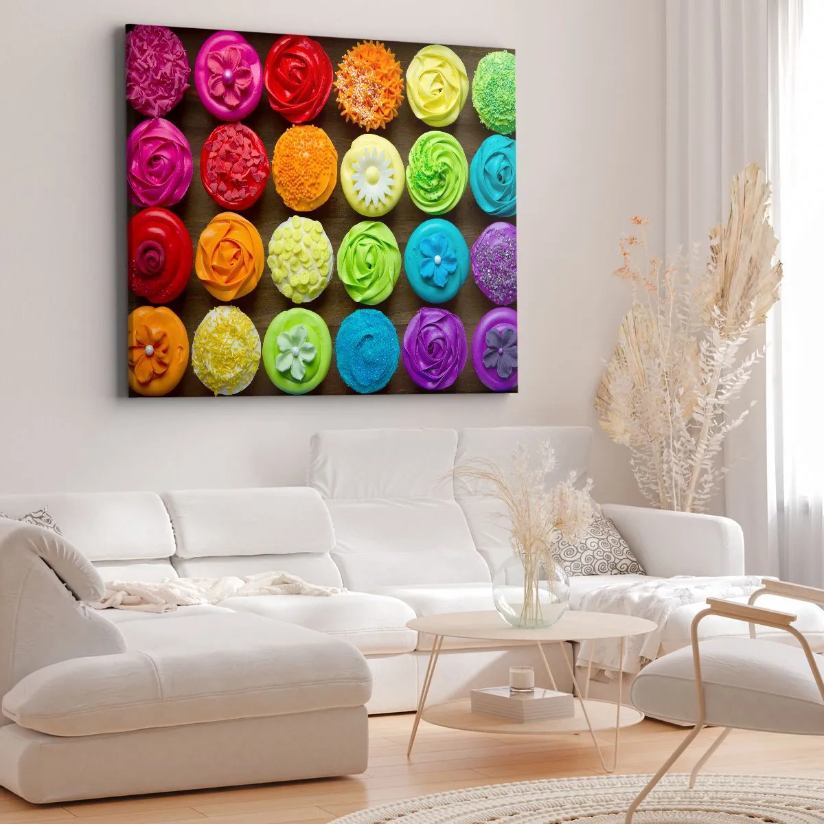 Bild auf Leinwand - Leinwandbild - Bunte Cupcakes mit pastellfarbenen Verzierungen - 70x50cm - Alles andere - alles lecker - Moderne Wanddekoration für Wohnzimmer und Schlafzimmer ARTTOR