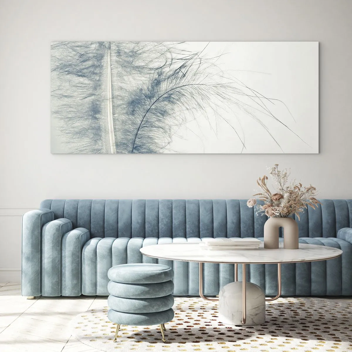 Glasbild - Bild auf glas - Eine zarte Feder in Pastelltönen auf hellem Untergrund - 120x50cm - Flüstern der Natur - Moderne Wanddekoration für Wohnzimmer und Schlafzimmer ARTTOR