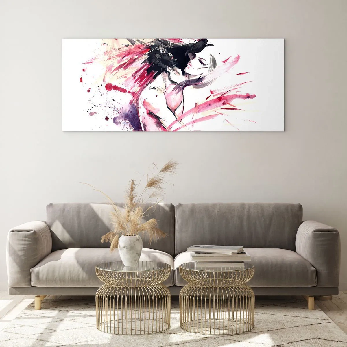 Glasbild - Bild auf glas - Abstraktes Frauenporträt mit dynamischen roten Akzenten - 120x50cm - Eine Liebeserfüllung - Moderne Wanddekoration für Wohnzimmer und Schlafzimmer ARTTOR