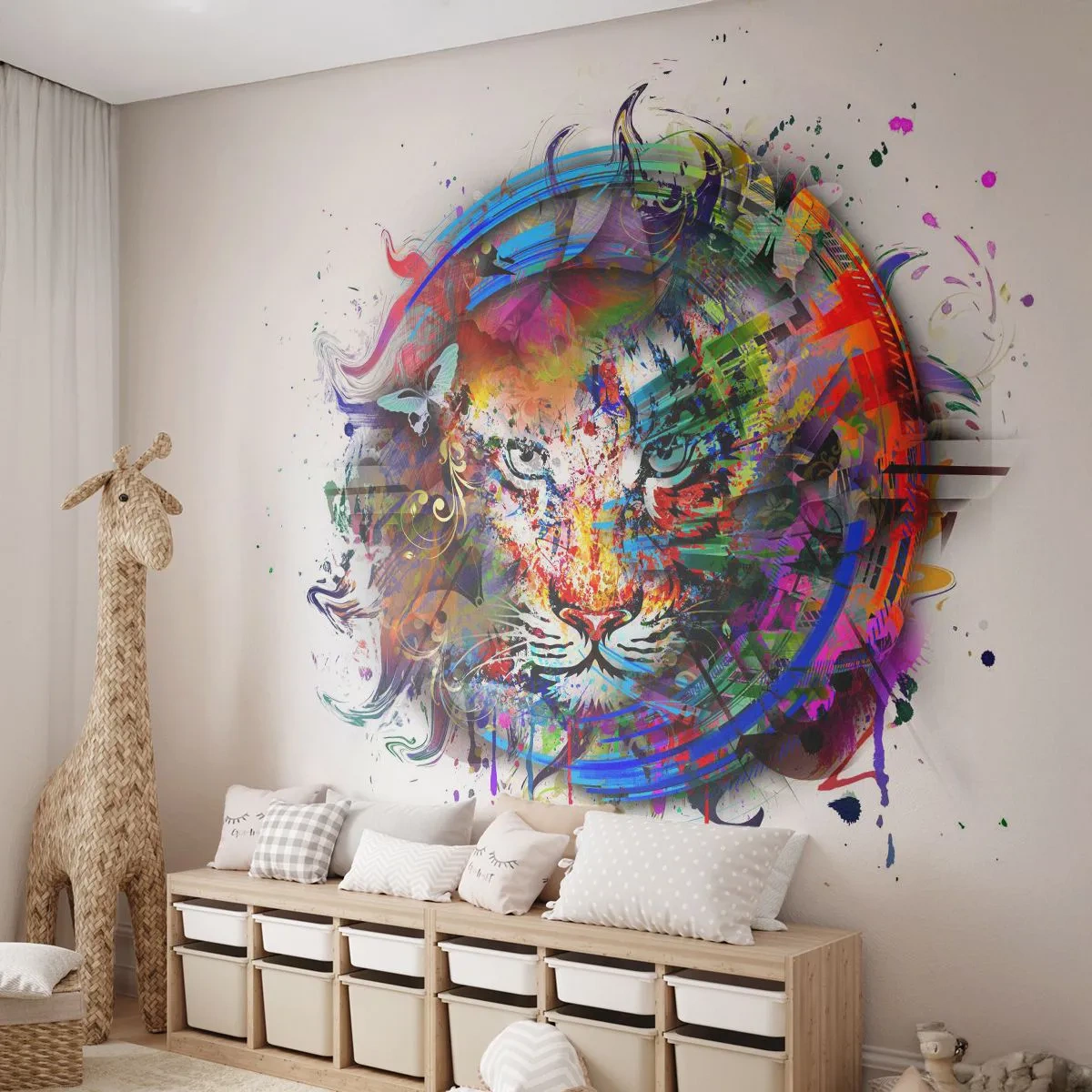 Maßgeschneiderte selbstklebende Fototapete Deluxe Sticker - Es lauert hinter einem Regenbogenschleier - Abstraktion, Tiger, Grafik