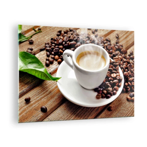 Glasbild - Bild auf glas - Eine Tasse Kaffee, umgeben von Bohnen auf einem Holztisch - 70x50cm - Kaffee auf der Bank - Moderne Wanddekoration für Wohnzimmer und Schlafzimmer ARTTOR