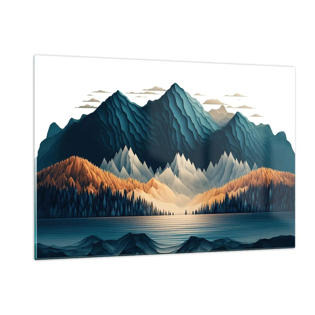 Glasbild - Bild auf glas - Stilisierte Berglandschaft mit Wald und See - 120x80cm - Perfekte Berglandschaft - Moderne Wanddekoration für Wohnzimmer und Schlafzimmer ARTTOR