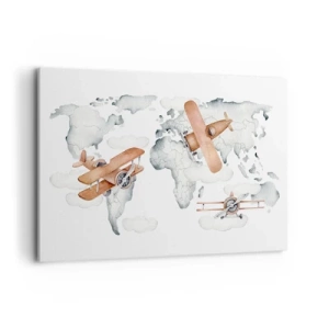 Bild auf Leinwand - Leinwandbild - Illustration einer Weltkarte mit Flugzeugen - 120x80cm - Im Pioniergeist - Moderne Wanddekoration für Wohnzimmer und Schlafzimmer ARTTOR