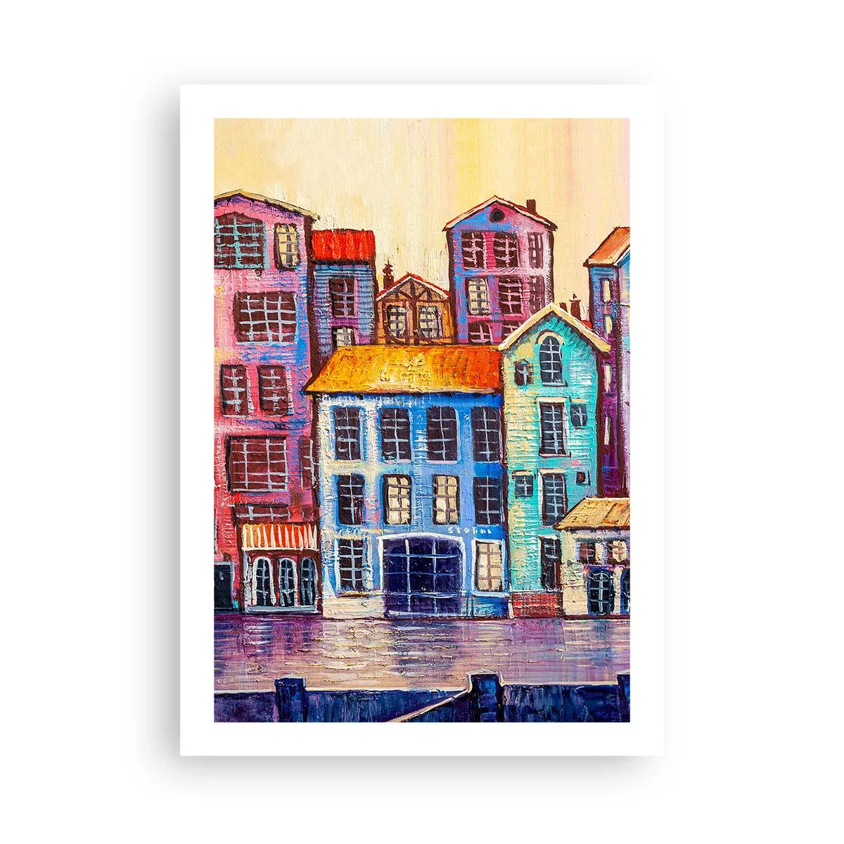 Poster - Bunte Mietshäuser am Wasser im malerischen Stil - 50x70cm - Stadt wie aus einem Märchen - Moderne Wanddekoration für Wohnzimmer und Schlafzimmer ARTTOR