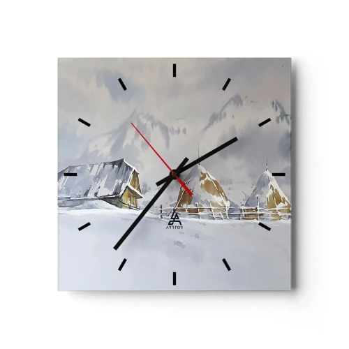 Wanduhr - Glasuhr - Winterlandschaft mit Hütte und Heuhaufen in den Bergen - 30x30cm - In einem verschneiten Talkessel - Moderne Wanddekoration für Wohnzimmer und Schlafzimmer ARTTOR