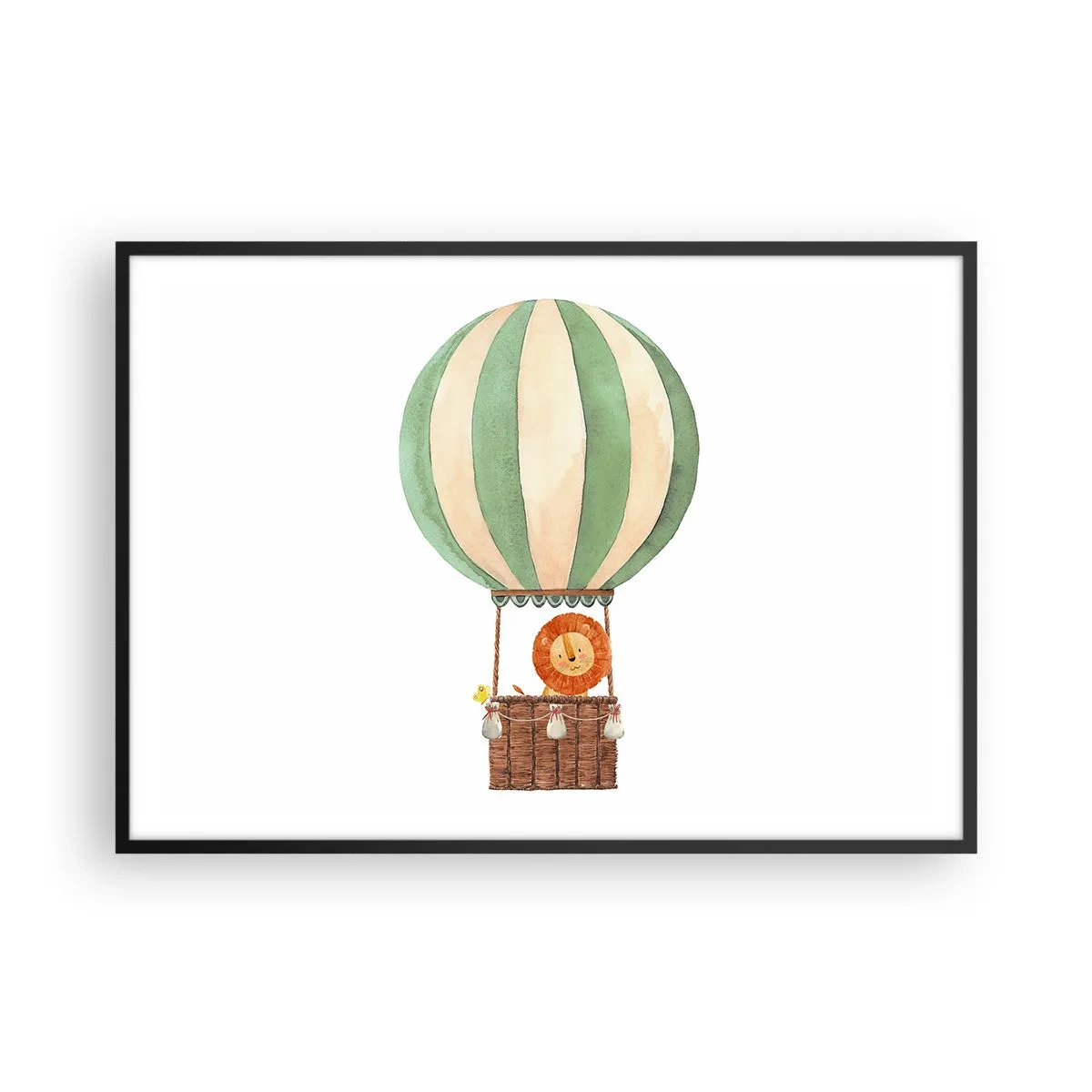 Poster in einem schwarzem Rahmen - Ein Ballon mit einem lächelnden Löwen in einem pastellfarbenen Korb - 100x70cm - Leons Reisen - Moderne Wanddekoration für Wohnzimmer und Schlafzimmer ARTTOR