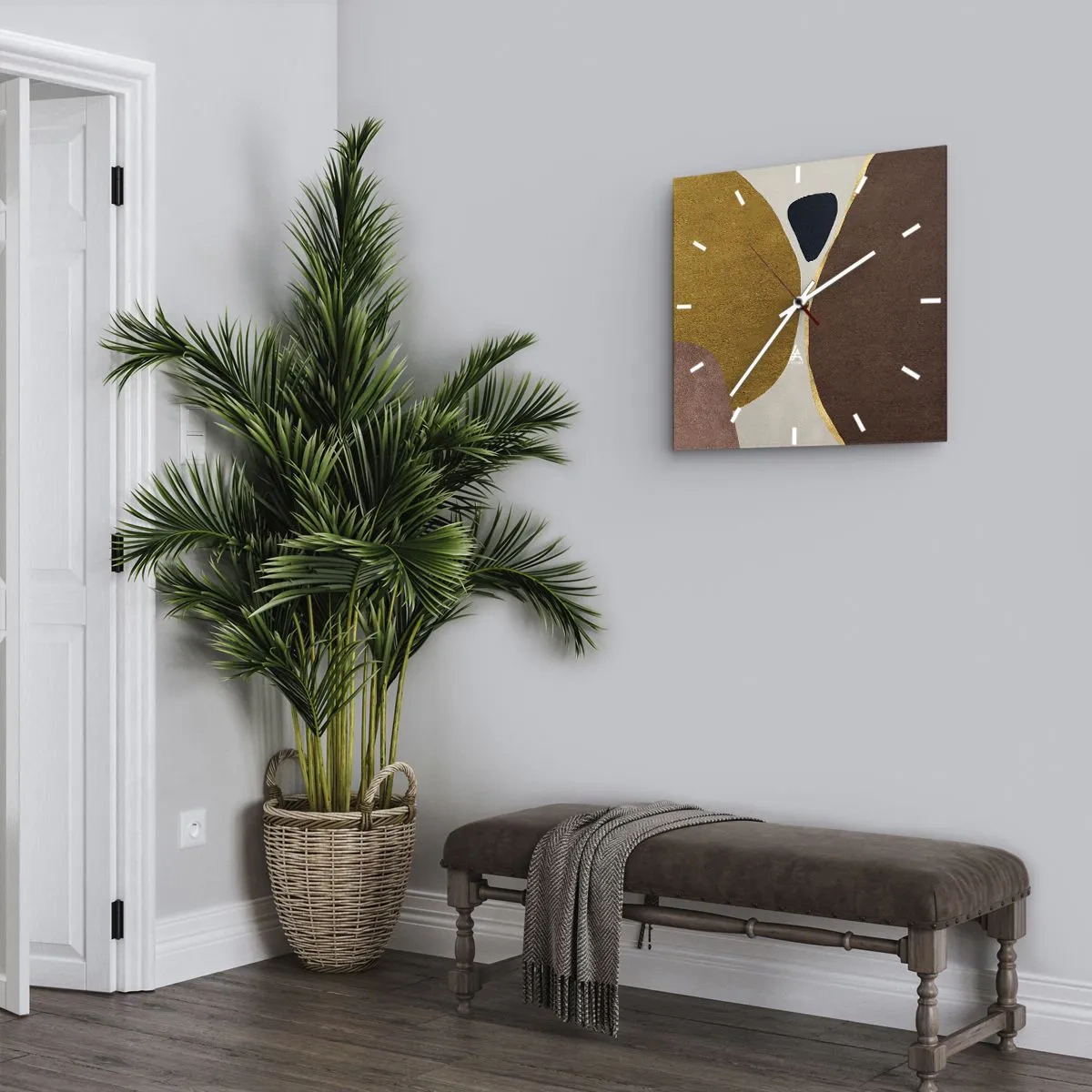 Wanduhr - Glasuhr - Eine abstrakte Komposition mit geometrischen Formen in warmen Farben. - 30x30cm - Abstraktion – ein Ort im Raum - Moderne Wanddekoration für Wohnzimmer und Schlafzimmer ARTTOR