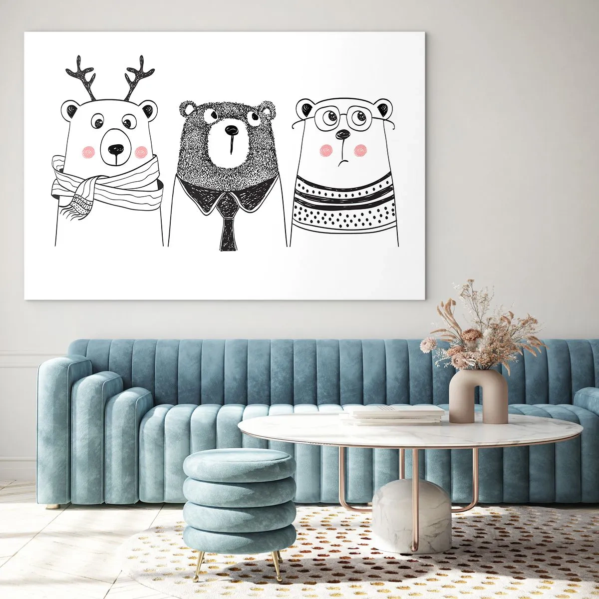 Glasbild - Bild auf glas - Drei lustige Bären in einer Schwarz-Weiß-Illustration - 120x80cm - Teddybär, Teddybär und Bär - Moderne Wanddekoration für Wohnzimmer und Schlafzimmer ARTTOR