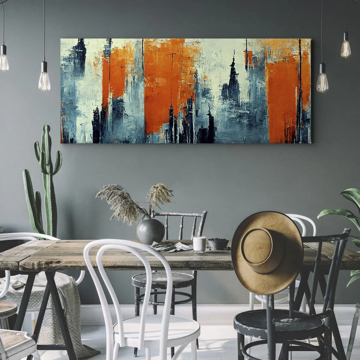 Bild auf Leinwand - Leinwandbild - Abstrakte Stadtlandschaft in Orange- und Blautönen - 120x50cm - Moderne Landschaft - Moderne Wanddekoration für Wohnzimmer und Schlafzimmer ARTTOR