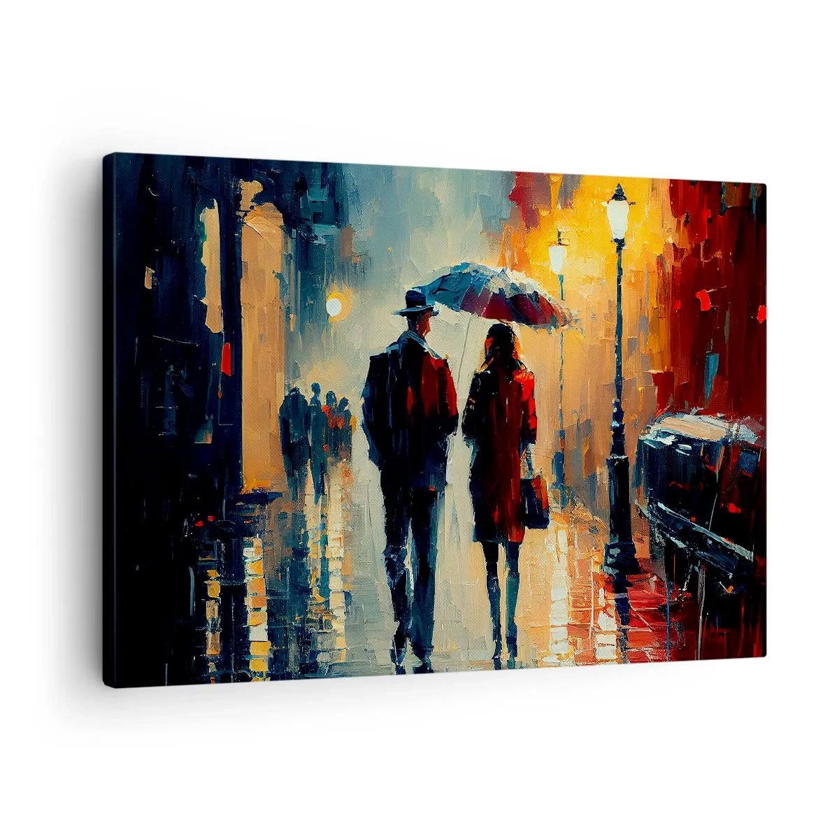 Bild auf Leinwand - Leinwandbild - Nachts im Regen unter einem Regenschirm in der Stadt spazieren gehen - 70x50cm - Urbane Liebesgeschichte - Moderne Wanddekoration für Wohnzimmer und Schlafzimmer ARTTOR