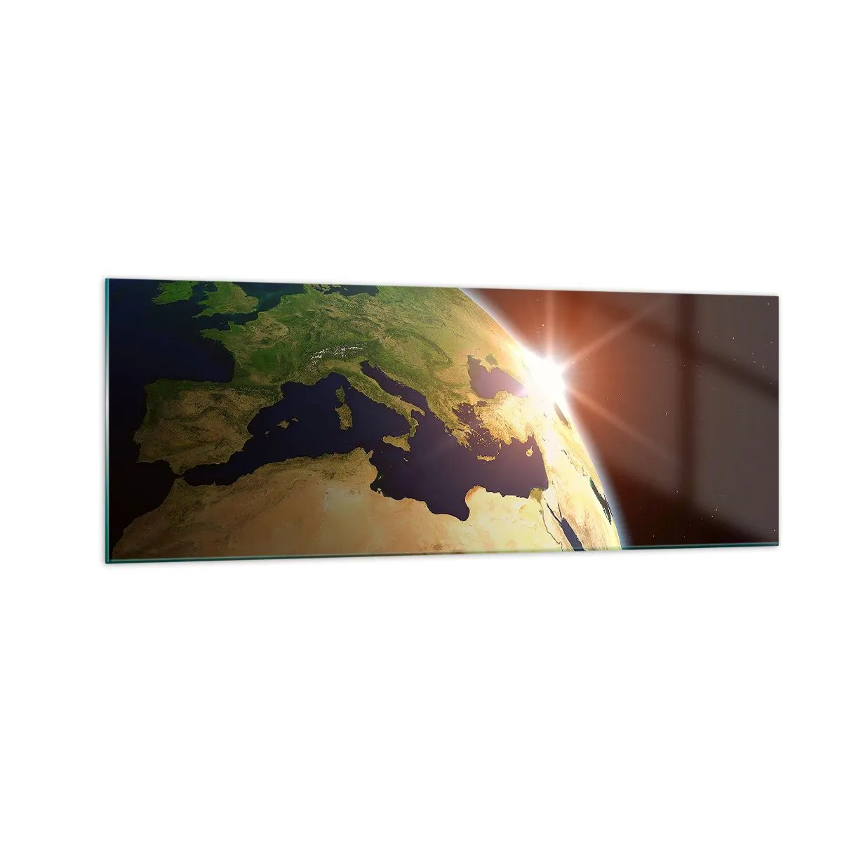 Glasbild - Bild auf glas - Blick auf die Erde aus dem Weltraum mit Sonnenstrahlen am Horizont - 140x50cm - Sonnenaufgang - Moderne Wanddekoration für Wohnzimmer und Schlafzimmer ARTTOR