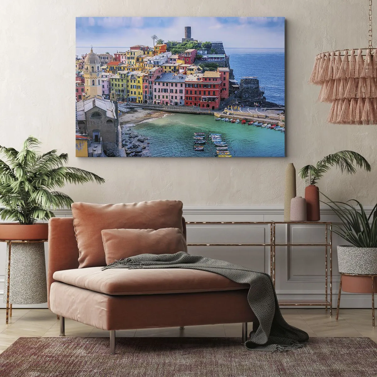 Bild auf Leinwand - Leinwandbild - Eine farbenfrohe Küstenstadt mit einem malerischen Hafen - 70x50cm - Mediterrane Zauberstadt - Moderne Wanddekoration für Wohnzimmer und Schlafzimmer ARTTOR