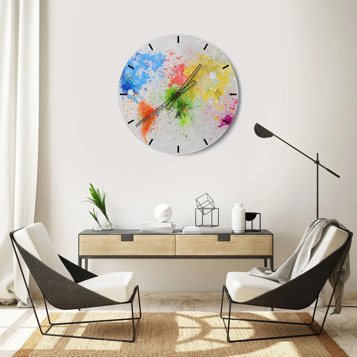 Wanduhr - Glasuhr - Eine bunte Weltkarte in Form von Aquarellflecken - 30x30cm - Alle Farben der Welt - Moderne Wanddekoration für Wohnzimmer, Küche und Schlafzimmer ARTTOR