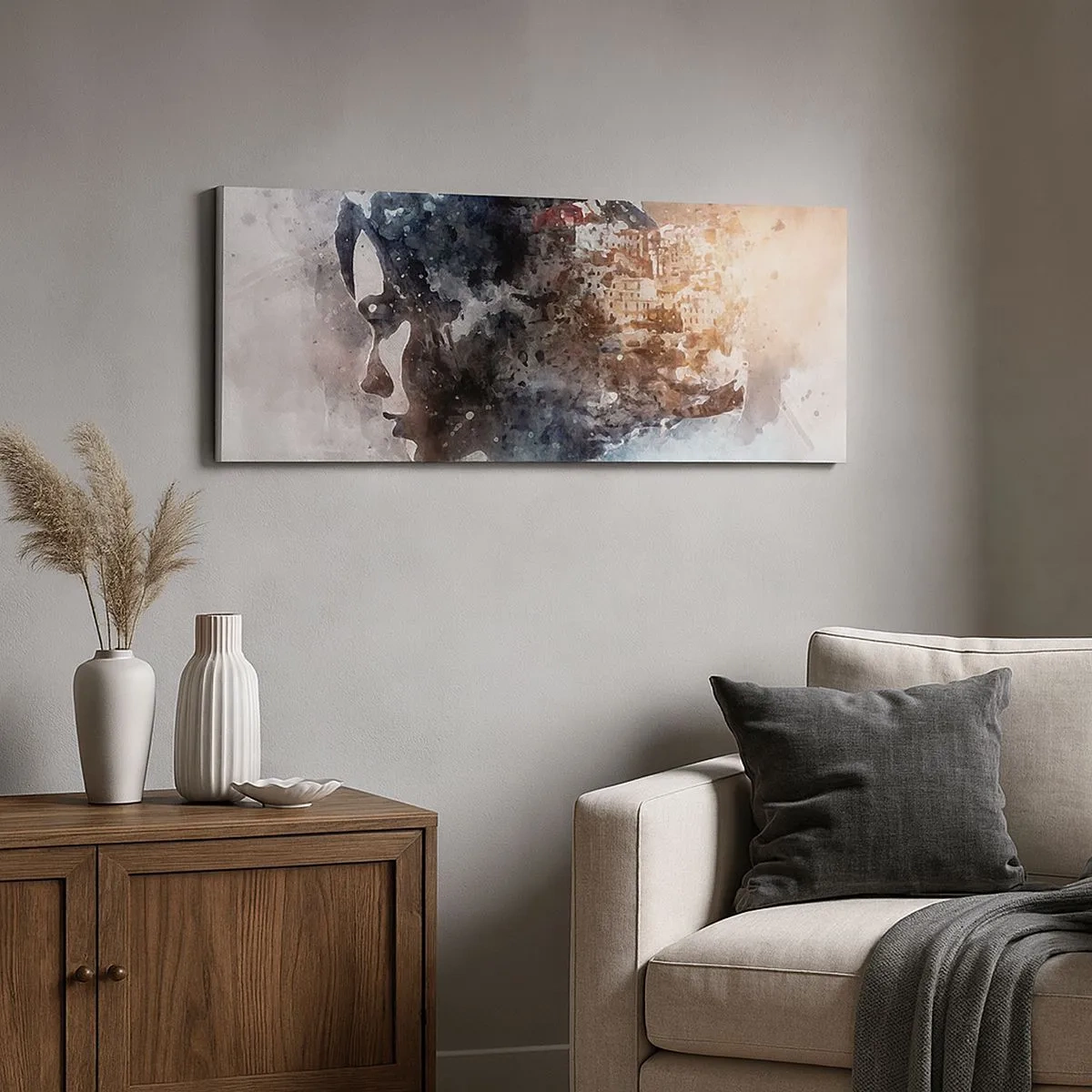Bild auf Leinwand - Leinwandbild - Eine Geschichte über ein Mädchen mit einer Stadt im Hintergrund - 100x40 cm