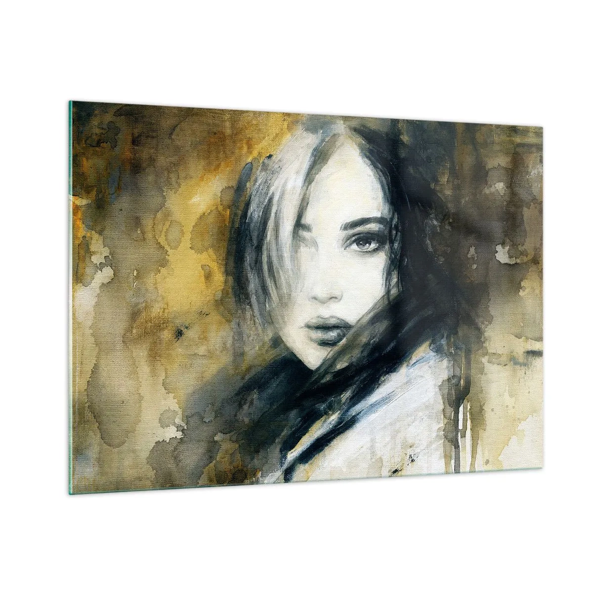 Glasbild - Bild auf glas - Porträt einer Frau im Aquarellstil - 100x70cm - unschuldiger oder sinnlicher? - Moderne Wanddekoration für Wohnzimmer und Schlafzimmer ARTTOR
