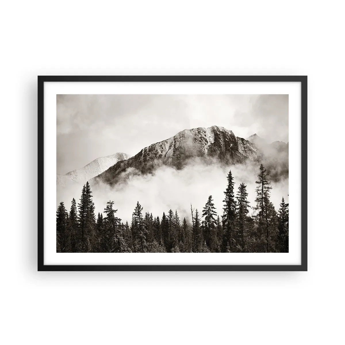 Poster in einem schwarzem Rahmen - Ein malerischer Berggipfel, umgeben von Nebel und einem sepiafarbenen Wald - 70x50cm - Lineal aus Granit - Moderne Wanddekoration für Wohnzimmer und Schlafzimmer ARTTOR