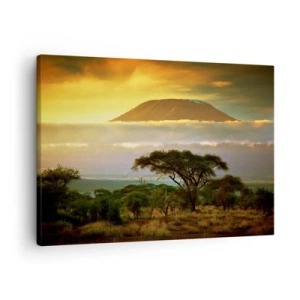 Bild auf Leinwand - Leinwandbild - Afrikanische Landschaft mit Kilimandscharo bei Sonnenaufgang - 70x50cm - Ein Reisetraum - Moderne Wanddekoration für Wohnzimmer und Schlafzimmer ARTTOR