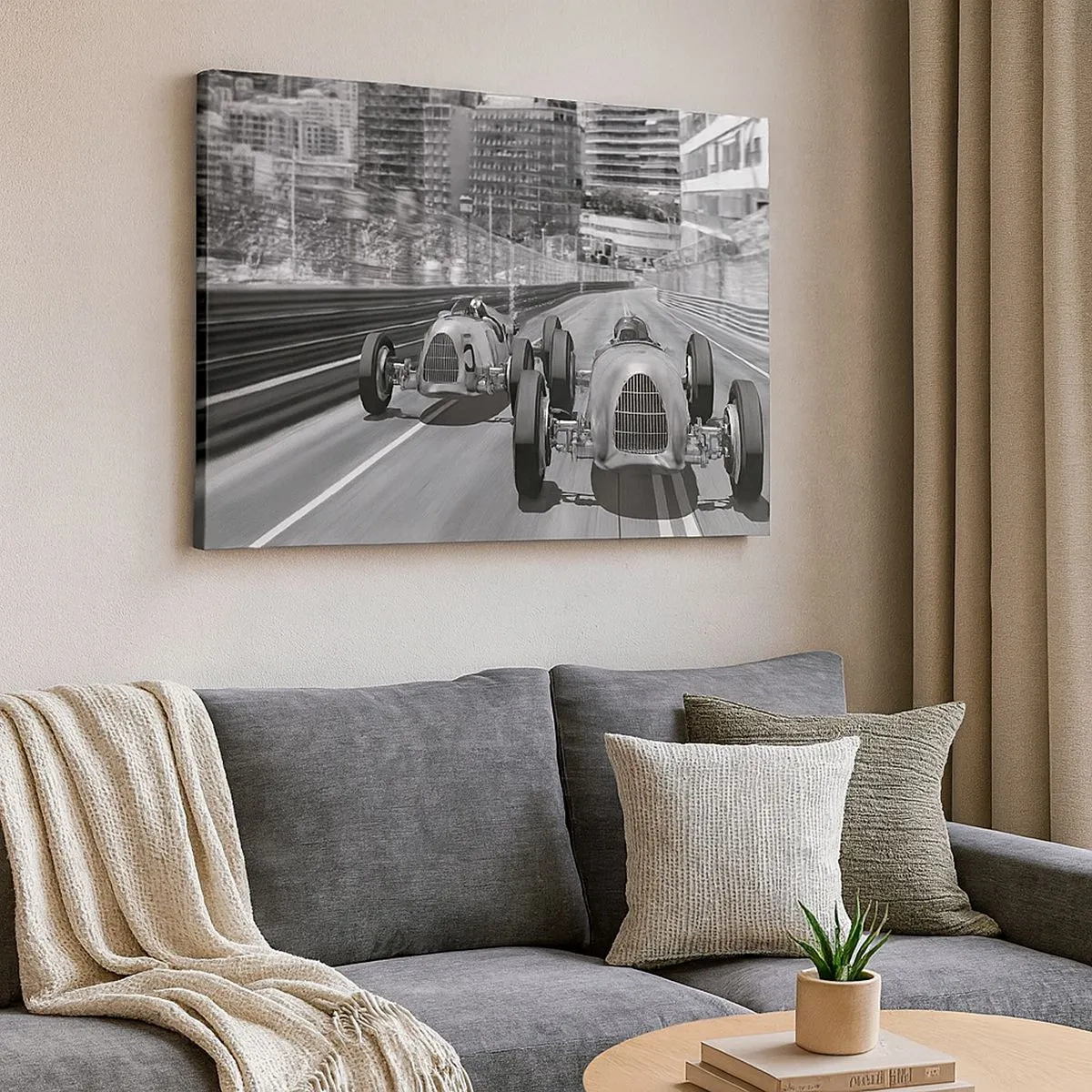 Bild auf Leinwand - Leinwandbild - Monochrome Retro-Autorennen-Szene - 70x50cm - Vor langer Zeit in Monte Carlo - Moderne Wanddekoration für Wohnzimmer und Schlafzimmer ARTTOR