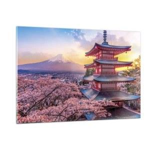 Glasbild - Bild auf glas - Eine Pagode in einer japanischen Landschaft mit Blick auf den Berg Fuji und blühende Bäume - 120x80cm - Die Essenz des japanischen Geistes - Moderne Wanddekoration für Wohnzimmer und Schlafzimmer ARTTOR