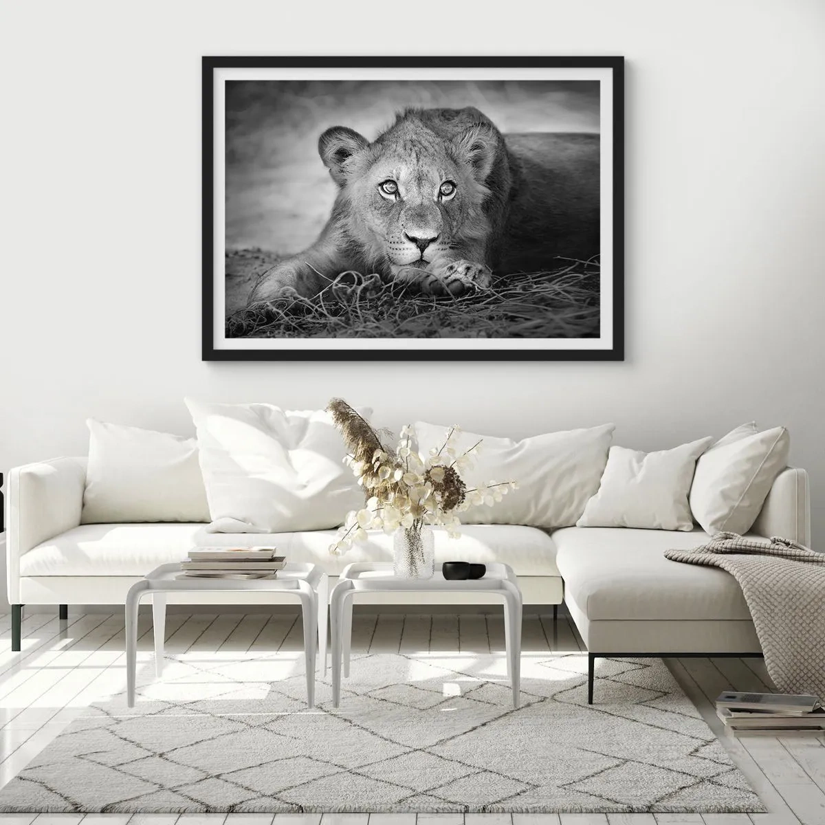 Poster in einem schwarzem Rahmen - Monochromes Porträt eines liegenden jungen Löwen - 100x70cm - Königlicher Welpe - Moderne Wanddekoration für Wohnzimmer und Schlafzimmer ARTTOR