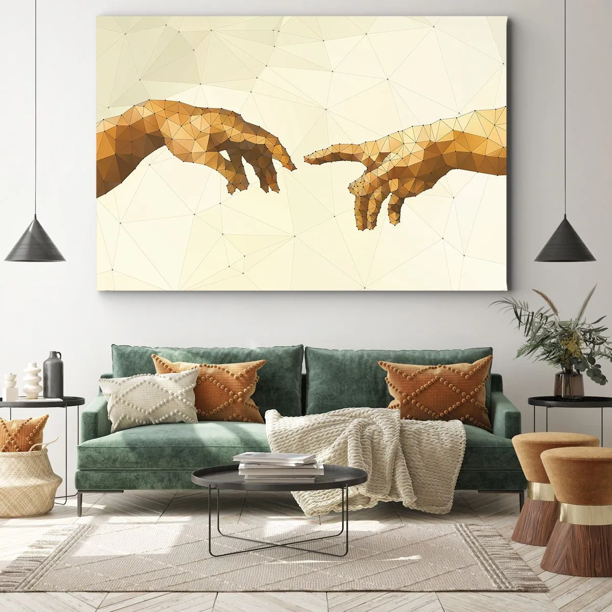 Bild auf Leinwand - Leinwandbild - Geometrische Hände, die sich vor hellem Hintergrund nacheinander ausstrecken - 100x70cm - Göttliche Geometrie - Moderne Wanddekoration für Wohnzimmer und Schlafzimmer ARTTOR