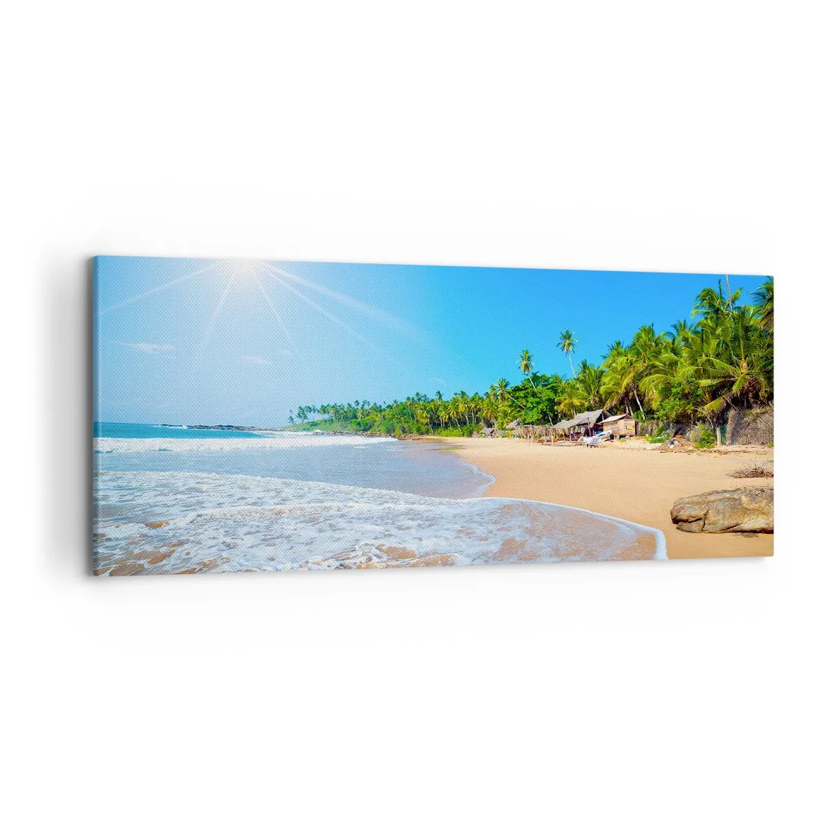Bild auf Leinwand - Leinwandbild - Tropischer Strand mit Palmen und blauem Himmel - 120x50cm - Ein exotischer Ort für dich - Moderne Wanddekoration für Wohnzimmer und Schlafzimmer ARTTOR