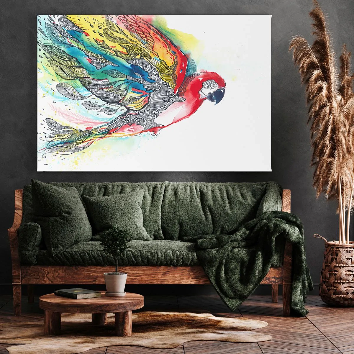 Bild auf Leinwand - Leinwandbild - Ein bunter Papagei im Flug mit abstrakten Mustern auf seinen Flügeln. - 120x80cm - Leben Sie bunt - Moderne Wanddekoration für Wohnzimmer und Schlafzimmer ARTTOR