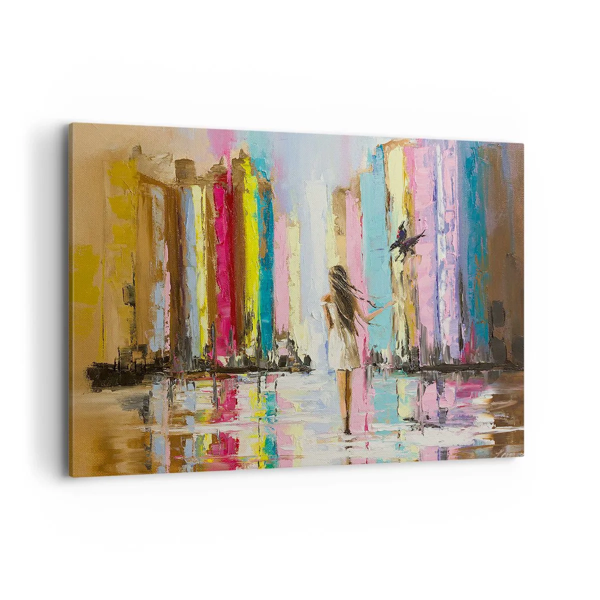 Bild auf Leinwand - Leinwandbild - Eine bunte Stadt und eine Frau in einem weißen Kleid mit einem Vogel - 120x80cm - Folge mir - Moderne Wanddekoration für Wohnzimmer und Schlafzimmer ARTTOR