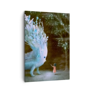 Bild auf Leinwand - Leinwandbild - Die Figur eines Mädchens, das einem fantastischen Wesen gegenübersteht - 50x70cm - Fantastisches Treffen - Moderne Wanddekoration für Wohnzimmer und Schlafzimmer ARTTOR