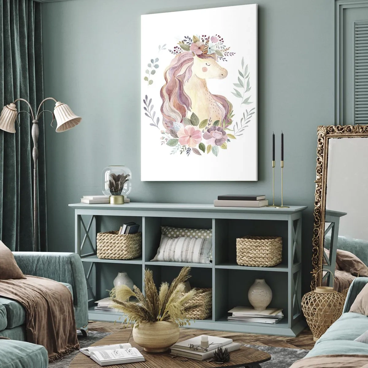 Bild auf Leinwand - Leinwandbild - Ein Einhorn in Pastellfarben, umgeben von Blumen - 70x100cm - Eine Einladung in die Welt der Märchen - Moderne Wanddekoration für Wohnzimmer und Schlafzimmer ARTTOR