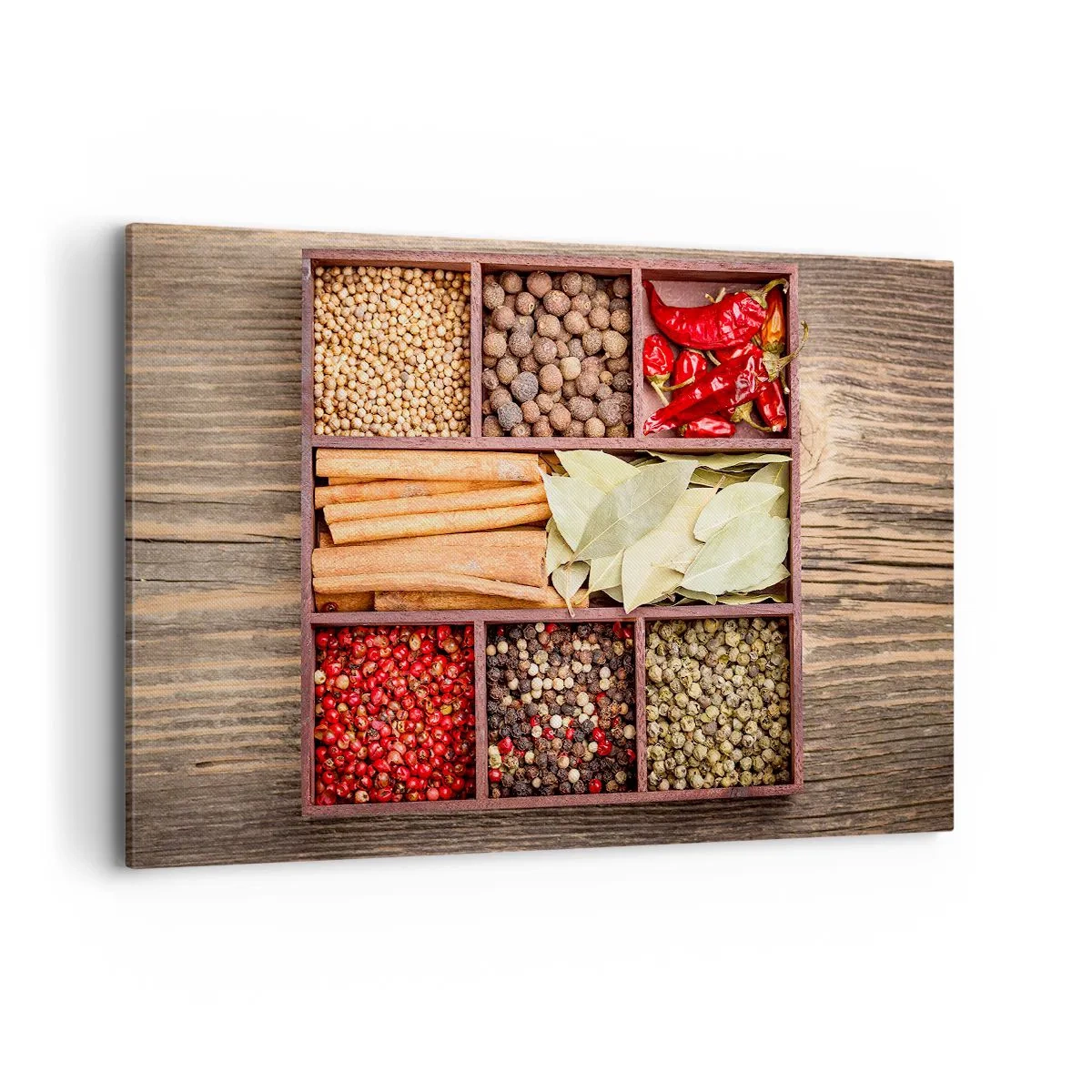 Bild auf Leinwand - Leinwandbild - Holzkiste mit verschiedenen Gewürzen in Fächern - 120x80cm - Ordnung der Formen, Bouquet von Aromen - Moderne Wanddekoration für Wohnzimmer und Schlafzimmer ARTTOR
