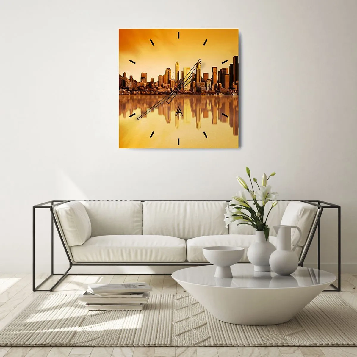 Wanduhr - Glasuhr - Stadtpanorama spiegelt sich im Wasser bei Sonnenuntergang - 30x30cm - Die Stille der Metropole - Moderne Wanddekoration für Wohnzimmer und Schlafzimmer ARTTOR