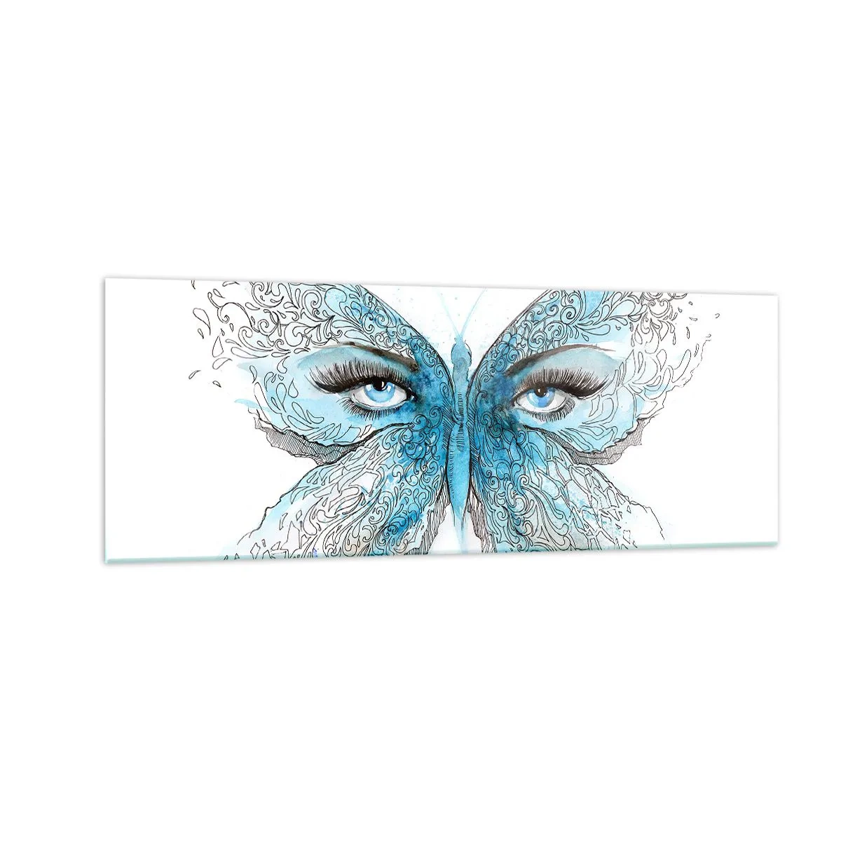 Glasbild - Bild auf glas - Künstlerisches Aquarell eines Schmetterlings mit blauen Augen - 140x50cm - Eros Blaumeise - Moderne Wanddekoration für Wohnzimmer und Schlafzimmer ARTTOR