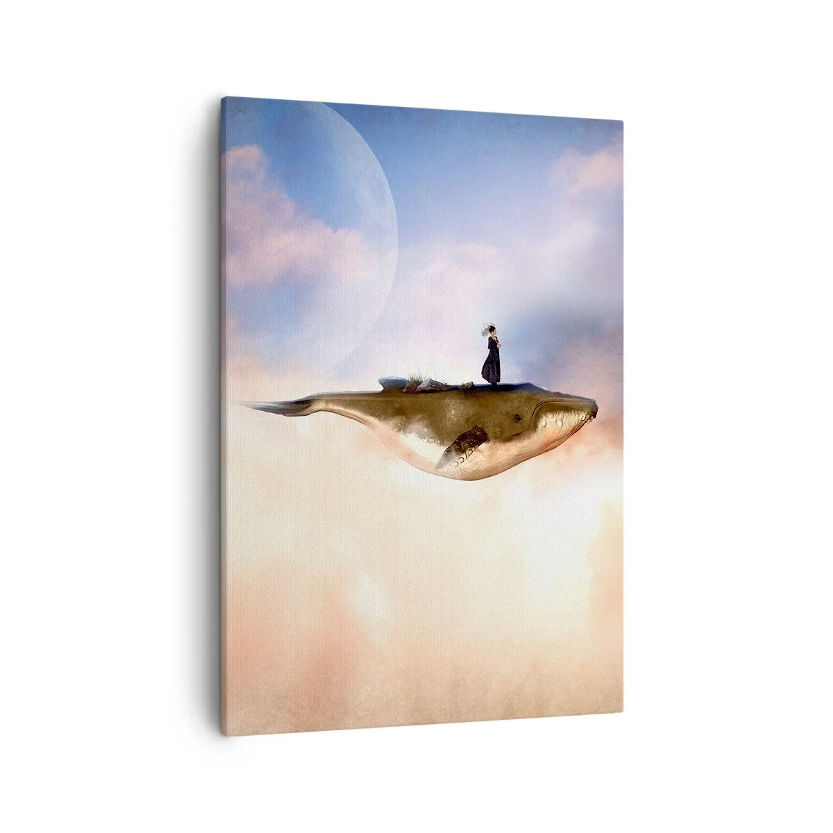 Bild auf Leinwand - Leinwandbild - Eine fantastische Szene einer Frau auf einem Wal zwischen den Wolken - 50x70cm - Eine echte Reise - Moderne Wanddekoration für Wohnzimmer und Schlafzimmer ARTTOR