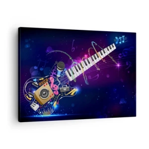 Bild auf Leinwand - Leinwandbild - Eine bunte Gitarre mit Keyboard und Mikrofon auf dunklem Hintergrund. - 70x50cm - Und alles ist gut - Moderne Wanddekoration für Wohnzimmer und Schlafzimmer ARTTOR