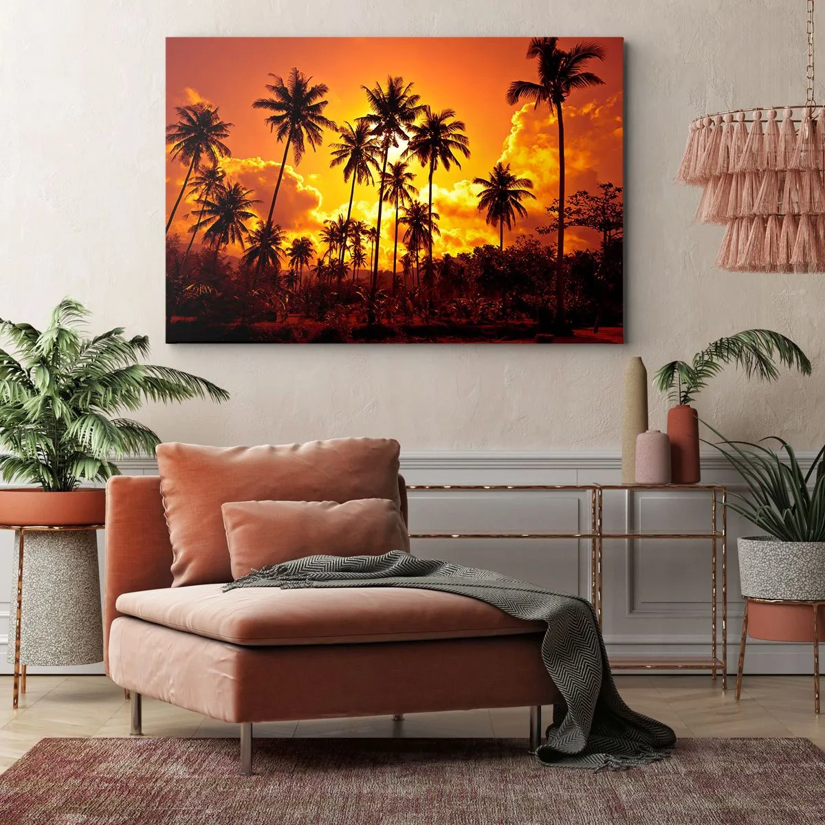 Bild auf Leinwand - Leinwandbild - Palmen vor einem goldenen Himmel während eines tropischen Sonnenuntergangs - 70x50cm - Berge brennen, Wälder brennen - Moderne Wanddekoration für Wohnzimmer und Schlafzimmer ARTTOR