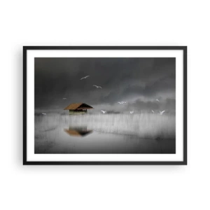 Poster in einem schwarzem Rahmen - Ein einsames Häuschen am Wasser, umgeben von Nebel und Vögeln - 70x50cm - Schutz vor Regen - Moderne Wanddekoration für Wohnzimmer und Schlafzimmer ARTTOR