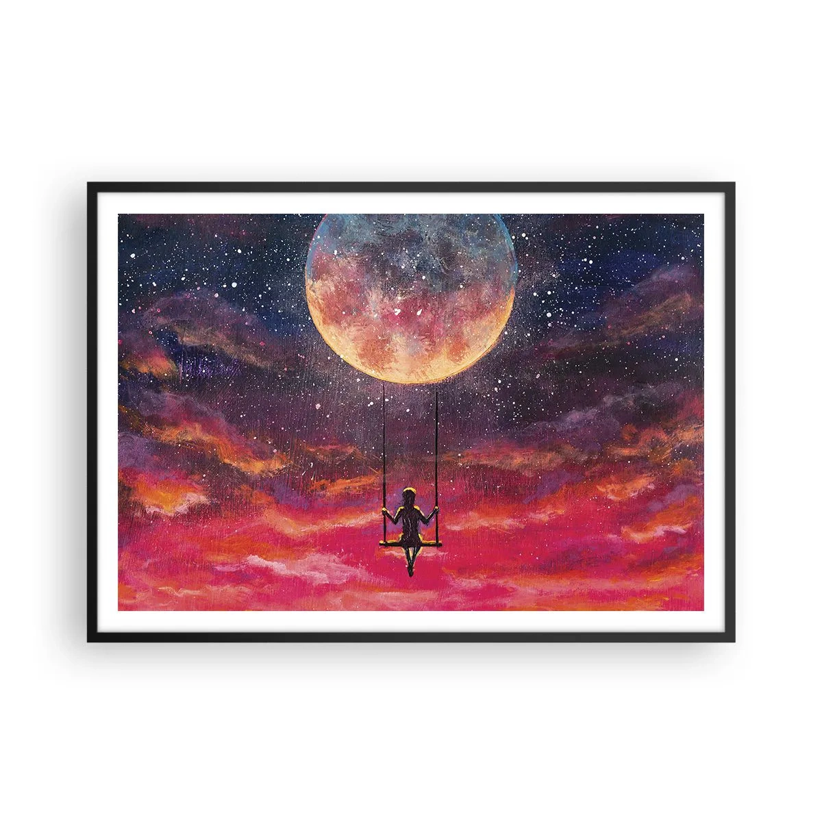 Poster in einem schwarzem Rahmen - Eine Figur auf einer Schaukel, die vor dem Mond hängt - 100x70cm - Traum - Moderne Wanddekoration für Wohnzimmer und Schlafzimmer ARTTOR