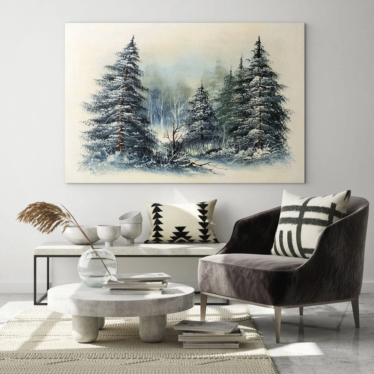 Glasbild - Bild auf glas - Winterwald mit schneebedeckten Bäumen gegen den Himmel - 70x50cm - Bereit für Weihnachten - Moderne Wanddekoration für Wohnzimmer und Schlafzimmer ARTTOR