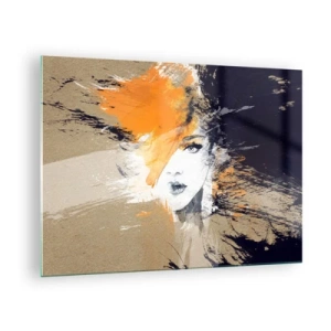 Glasbild - Bild auf glas - Abstraktes Porträt einer Frau mit orangefarbenen Akzenten - 70x50cm - Und es ist Licht - Moderne Wanddekoration für Wohnzimmer und Schlafzimmer ARTTOR