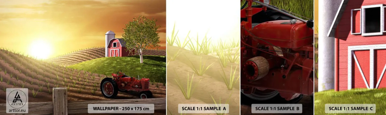 Fototapeten Muster Selbstklebend Deluxe Sticker - Ein Bauernhof wie aus einem Märchen - Bauernhof, Landschaft, Traktor - 100x30 cm