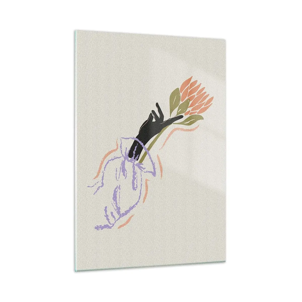 Glasbild - Bild auf glas - Eine stilisierte Hand mit einem Blumenstrauß, gezeichnet mit Pastelllinien. - 50x70cm - Schwesterliche Berührung - Moderne Wanddekoration für Wohnzimmer und Schlafzimmer ARTTOR
