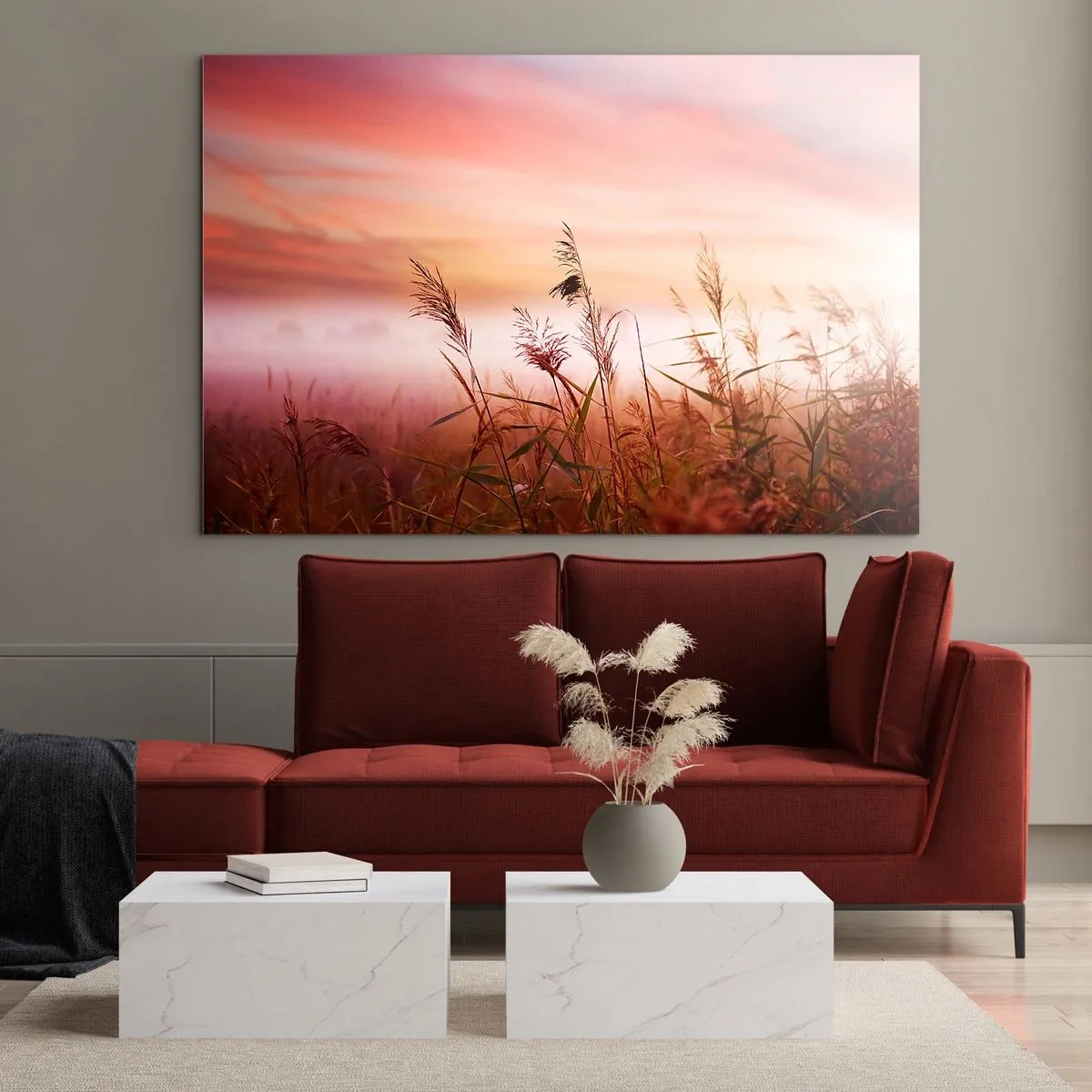 Glasbild - Bild auf glas - Eine Wiese im Morgennebel mit pastellfarbenem Himmel - 70x50cm - Drachen, Löwenzahn, Wind - Moderne Wanddekoration für Wohnzimmer und Schlafzimmer ARTTOR