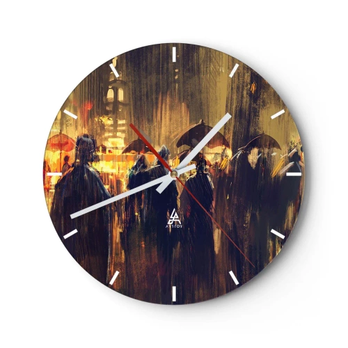 Wanduhr - Glasuhr - Eine Menschenmenge unter Regenschirmen vor der Kulisse einer nächtlichen Stadt - 30x30cm - Anhänger des Regens - Moderne Wanddekoration für Wohnzimmer, Küche und Schlafzimmer ARTTOR