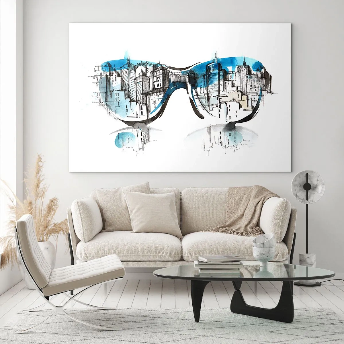 Glasbild - Bild auf glas - Das Stadtpanorama spiegelt sich in der Sonnenbrille - 120x80cm - Großstadt-Chic - Moderne Wanddekoration für Wohnzimmer und Schlafzimmer ARTTOR