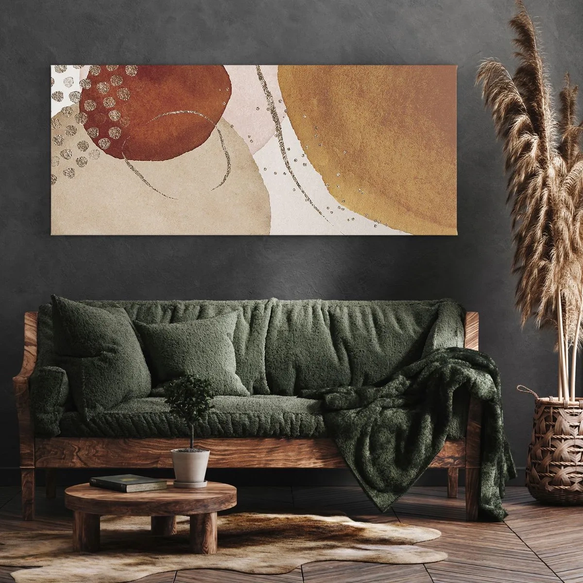 Bild auf Leinwand - Leinwandbild - Abstrakte Formen in warmen Braun- und Goldtönen - 160x50cm - Rundheit und Bewegung - Moderne Wanddekoration für Wohnzimmer und Schlafzimmer ARTTOR
